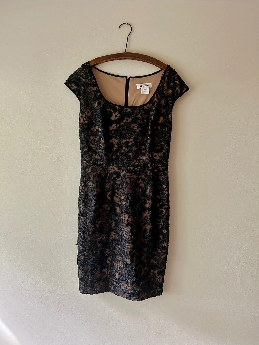 Vintage 80s Tadashi Shoji Black Lace Midi Dress with Nude Underlay - Picture 1 of 7